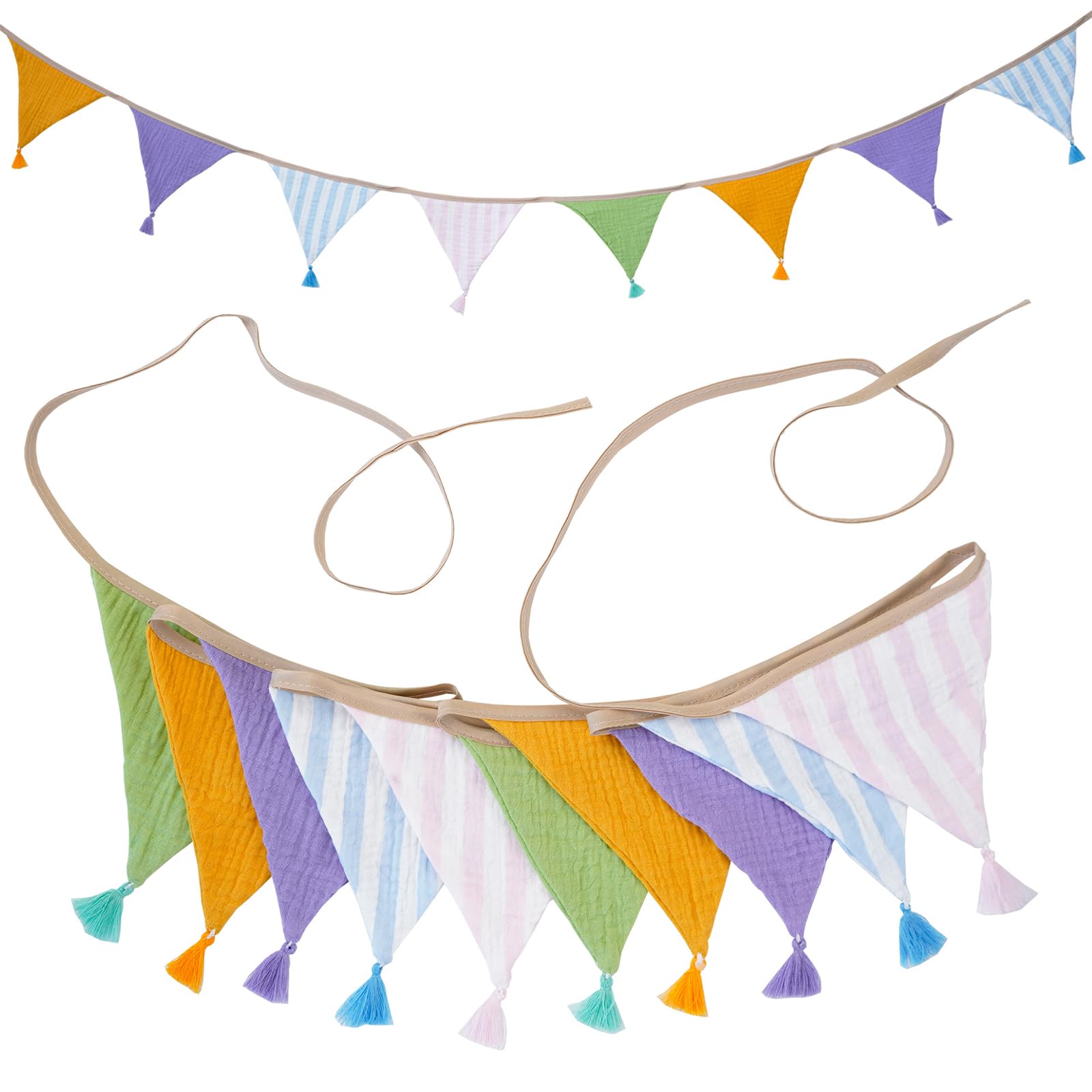 G2PLUS Muslin Fabric Bunting with Tassel: 10PCS Double Sided Cotton Garland, 2.6m Nursery Fabric Triangle Banner for Nursery, Bedroom, Baby Shower, Brithday Party Decoration, Green Purple — image 1
