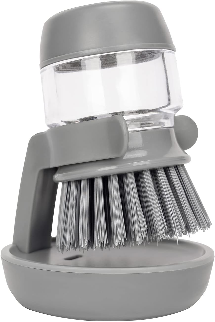 DAPOWER Soap Dispensing Palm Scrub Brush with Drip Tray, Washing Brush for Dishes Pots Pans Sink Cleaning, Kitchen Scrubber Storage Stand Set (Gray)