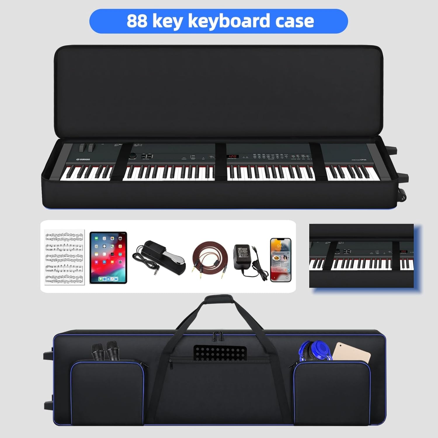 88 Key Keyboard Case Soft Gig Bag with Wheels (53"x14.5"x7") | 3 Ways to Carry Padded Piano Bag | 3 Pockets Rolling Travel Bag Compatible with Roland/Yamaha/Casio/Alesis