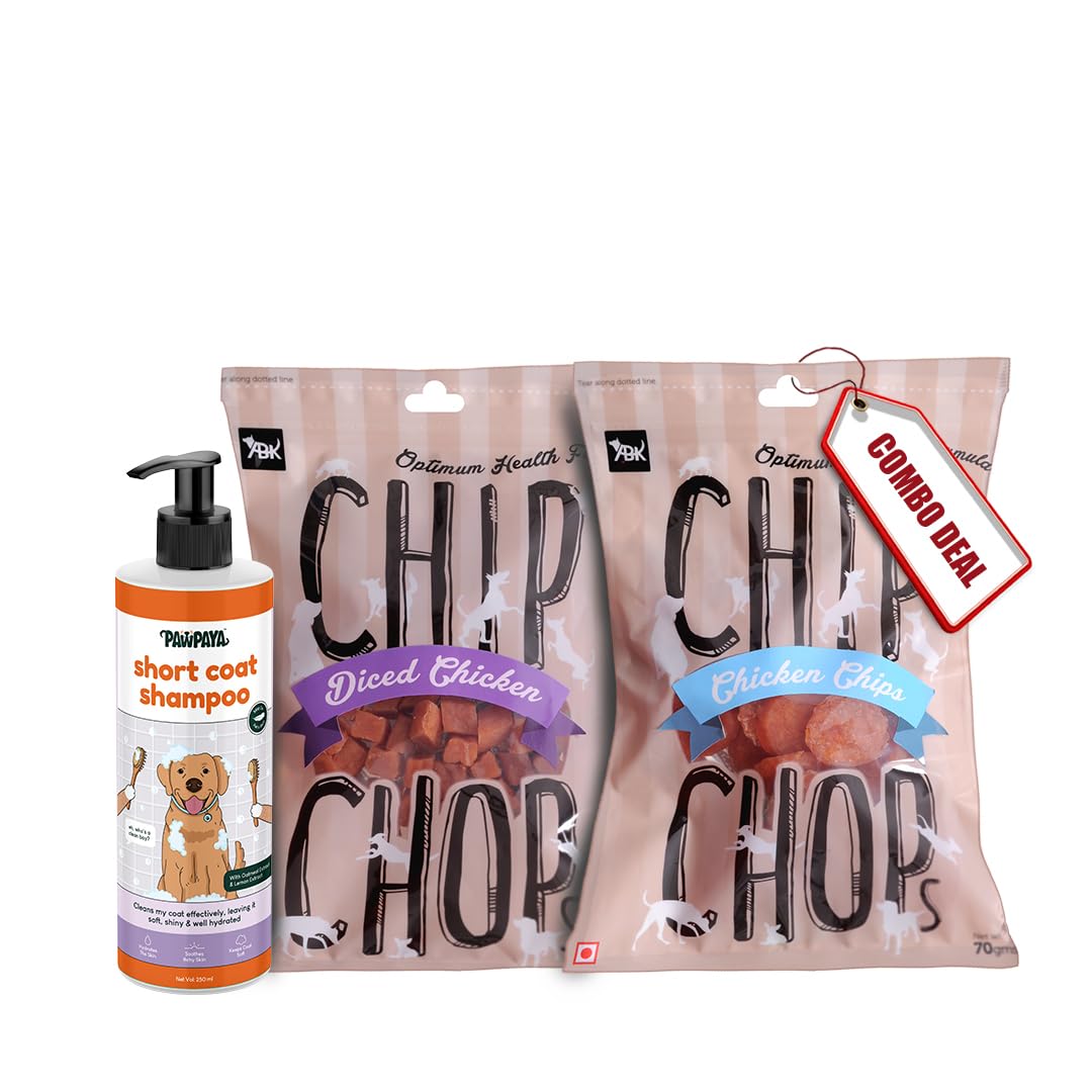 Combo of Chip Chops Diced Chicken Dog Treat-70 gm, Chicken Chips Dog Treat-70 gm and Pawpaya Short Coat Oatmeal Dog Shampoo, 250 ml