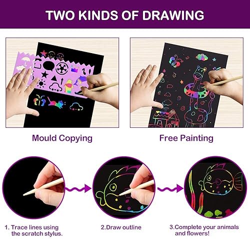 Miniatura 5 de Papel artístico de rascar Pigipigi para niños, 59 piezas de papel mágico, kit de suministros de papel de rascar para manualidades, set de tableros