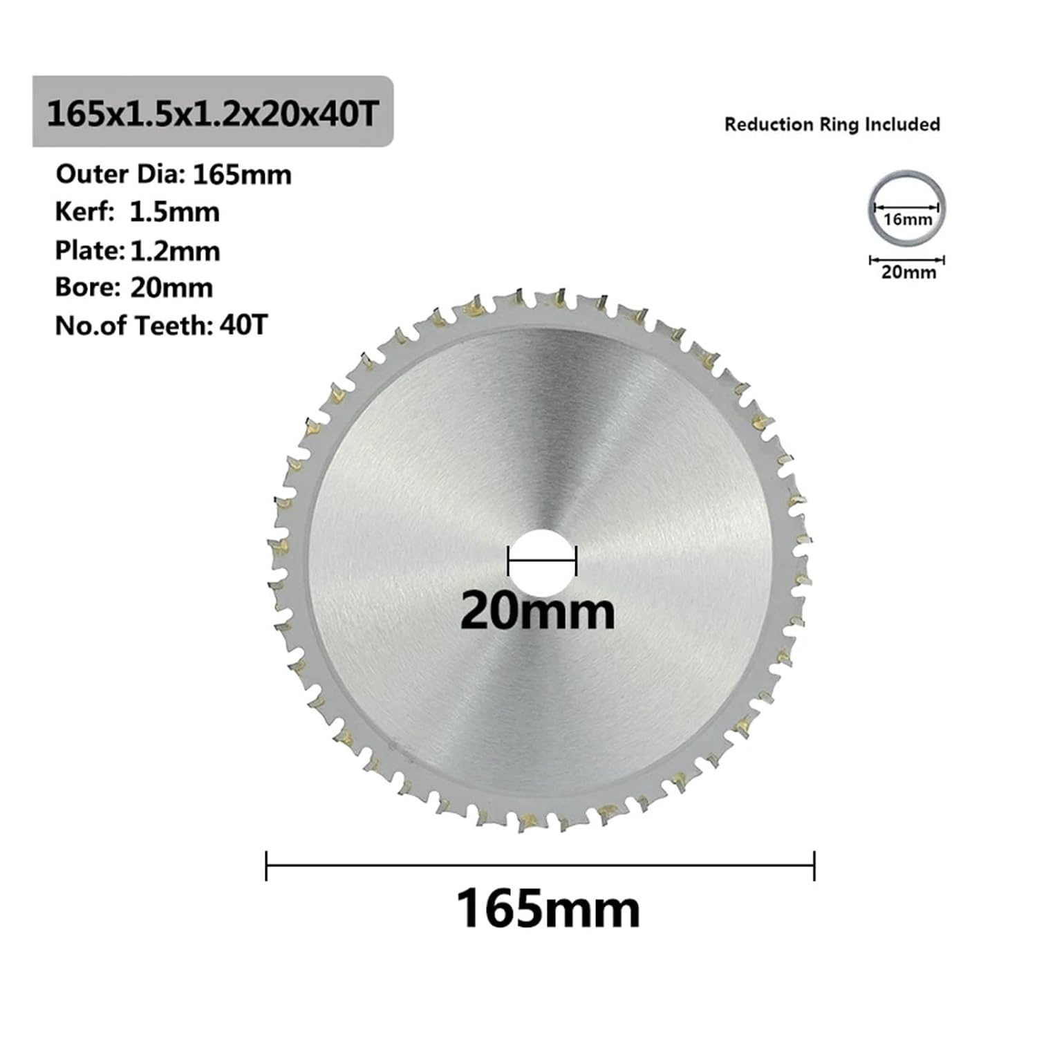 Circular Saw Blades for Metal Cutting, 20-30mm Inner Diameter Disc, 150-355mm, 1pcs (165x1.5x1.2x20x40T)