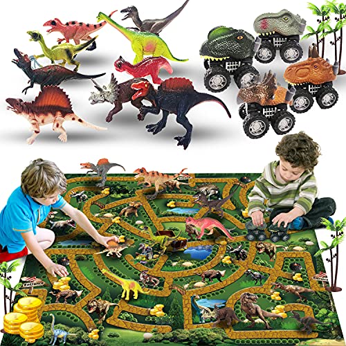 TEEMEE Dinosaur Toys for Kids, 9 Dinosaur Figures & 4 Dino Cars & Play Mat, Educational Toys for Toddler Activities, Including T Rex & Velociraptor, Best Gift for 3, 4, 5 Year Old Boys & Girls