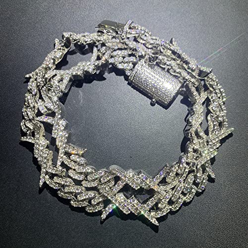 Icediamond Iced Out Thorns Barbwire Creative Charm Cuban Chain Necklace, 18K Gold Plated Full Drill Shine Cz Simulated Diamond Hip Hop Cool Trend Jewelry For Men Women (18'', White) #TOP7