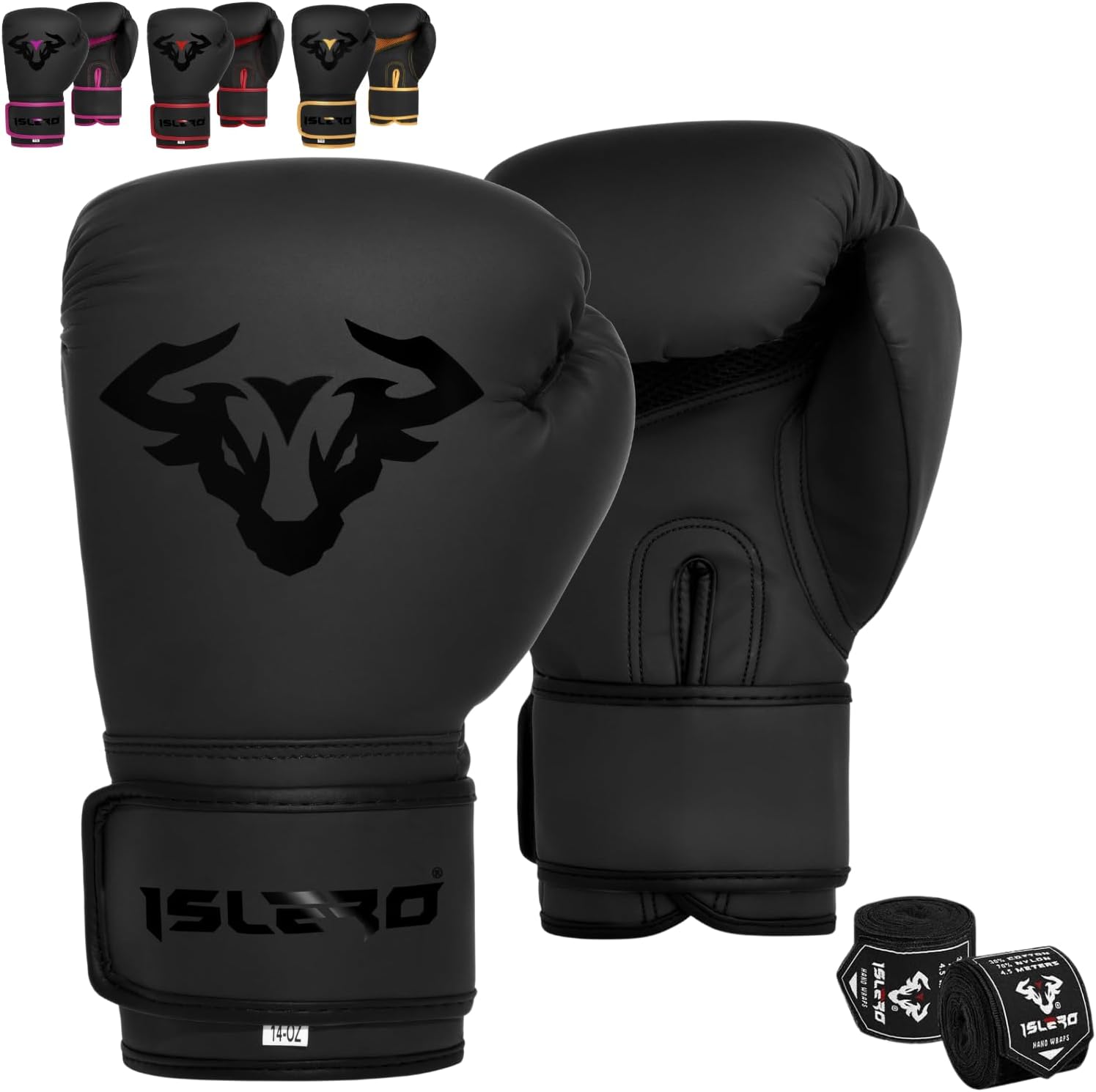 Islero EVO Fitness Matte Black Boxing Gloves Men Punch Bag Women Pink MMA Muay Thai Martial Arts Kick Boxing Sparring Training Fighting Gloves With Hand Wraps