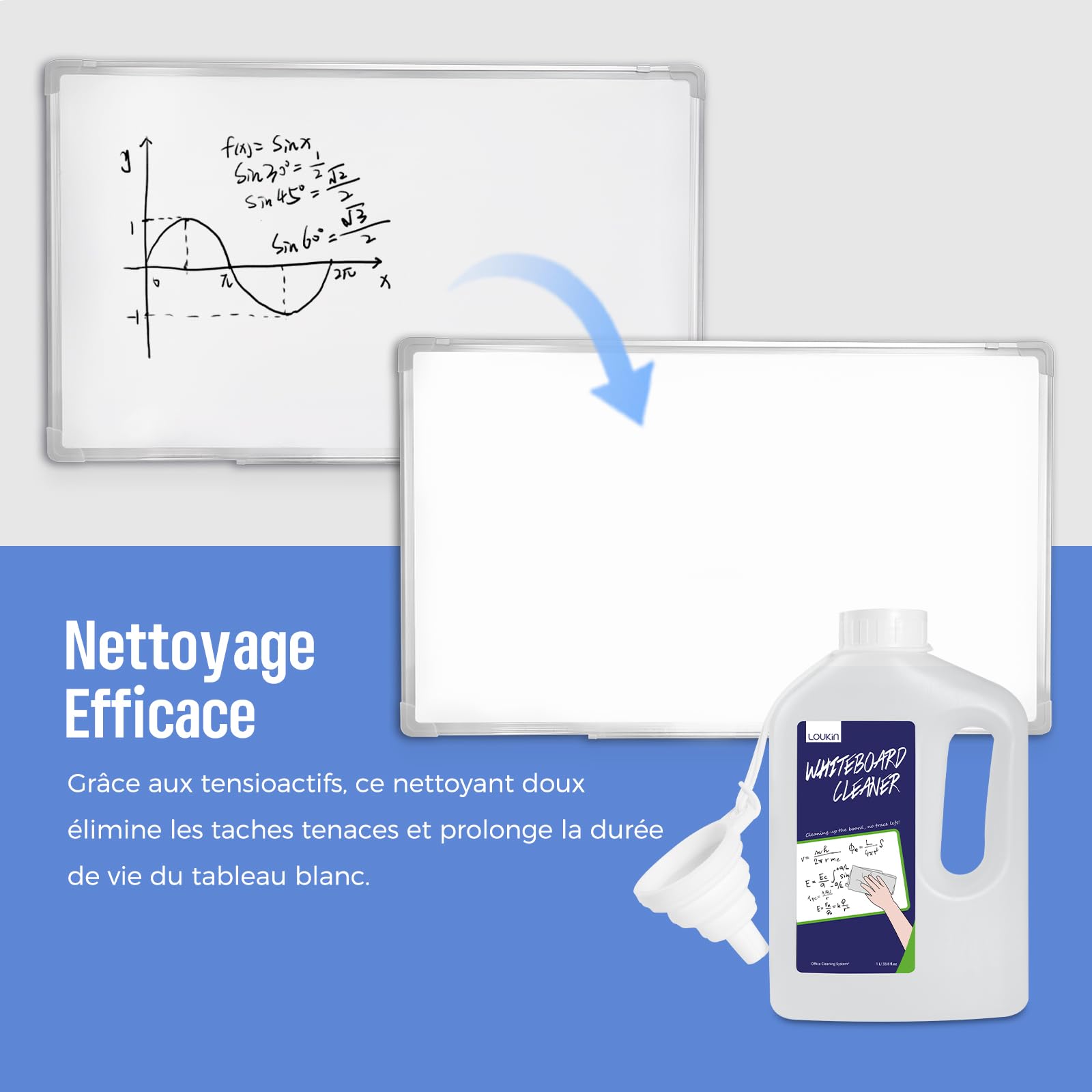 loukin Recharge de nettoyant pour tableau blanc 1 l avec entonnoir en silicone pliable, spray de nettoyage à sec, élimine les taches tenaces, non toxique et sans odeur