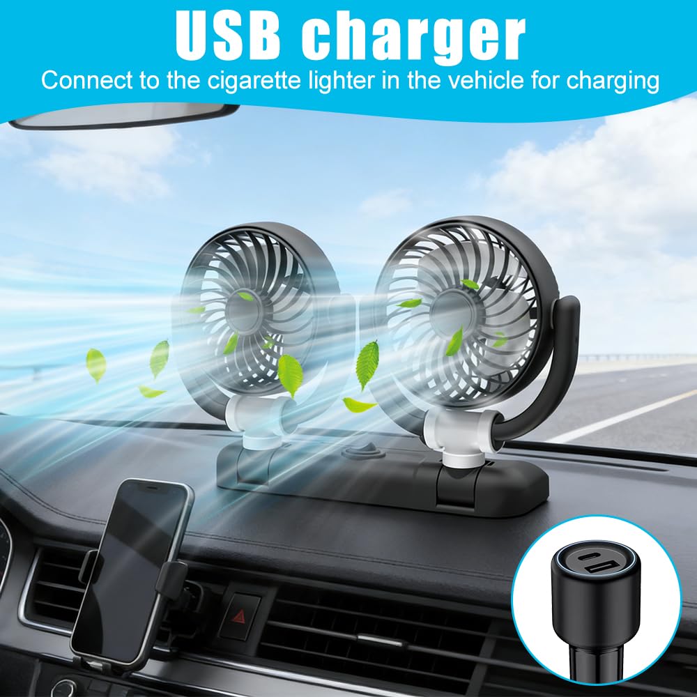 Mineup Ventilatore Auto 5V, Ventilatore Auto Doppia Testa, Ventilator 360° Ruotabile Portatile Con 2 Velocità, Alimentate Tramite Accendisigari, Per Cruscotto Aut Furgone SUV RV Barca