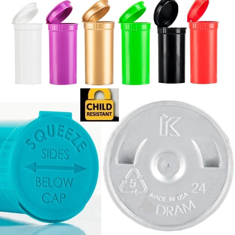 100 Piece Count Child Resistant Pop Top Bottles Air Tight Seal Medicinal Vials Flower & Edibles Packaging Made in The USA