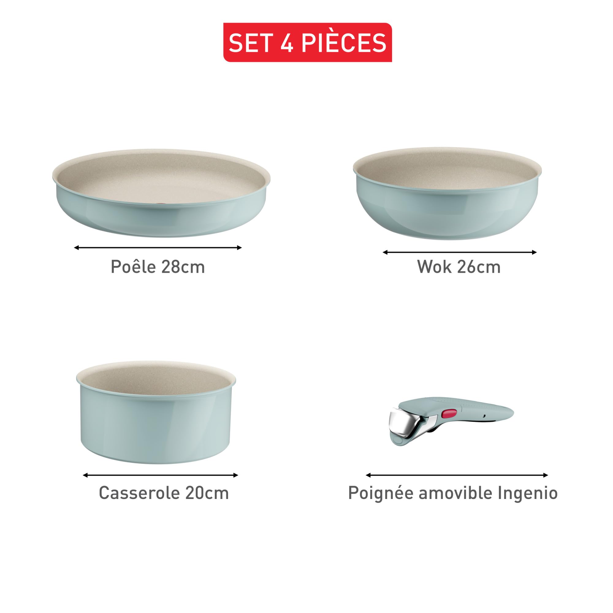 Tefal Ingenio Serenity, Batterie de cuisine 4pièces, Revêtement antiadhésif, Poignée amovible sécurisée, Design empilable, L8284S04 EUCALYP