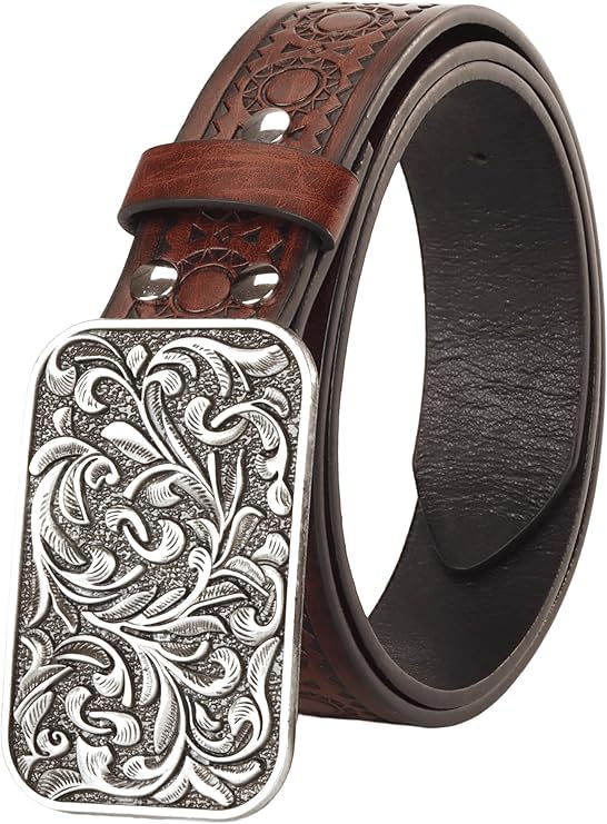 Image of Mealah Womens-Western-Belt Rhinestone-Cowboy-Cowgirl Belt - Embossed PU-Leather Belt with Diamond Flower-Buckle(for 31-38'')