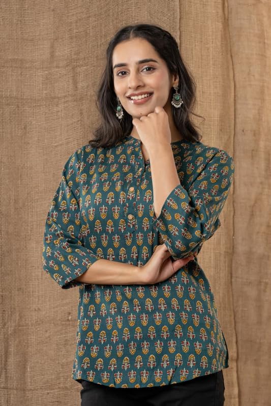 Image of Women's Cotton Printed Kurta Top | 3 /4 Sleeve Straight Kurti Casual Outings