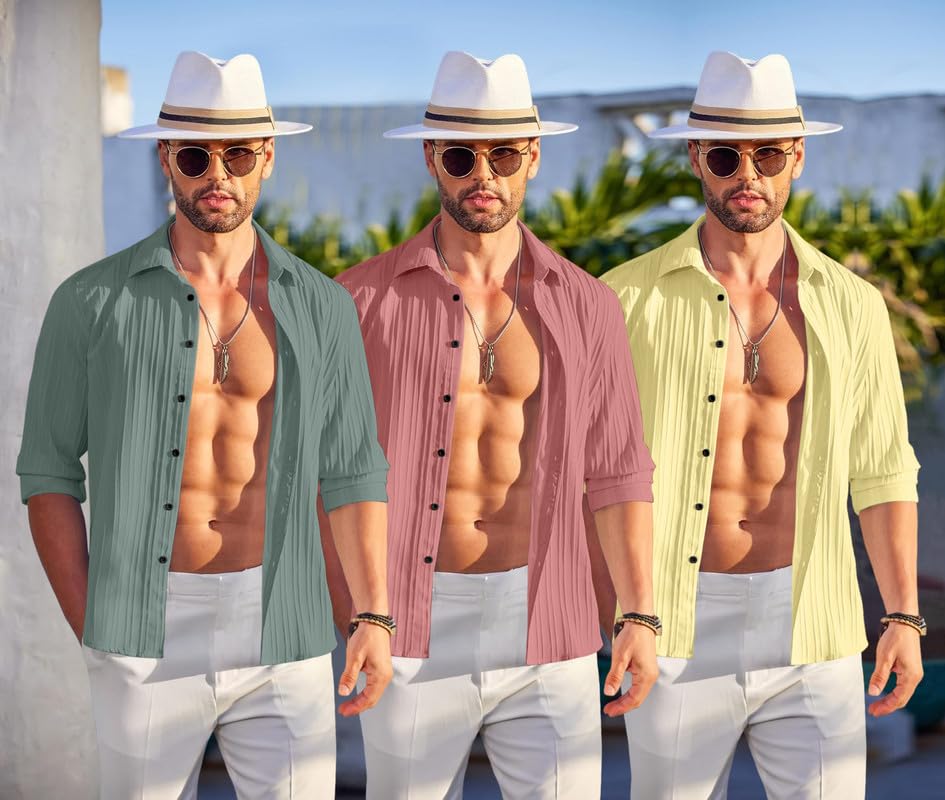 Image of FINIVO FASHION Combo of Men's Casual Cotton Plain Button Down Shirt Long Sleeve Textured Summer Beach Shirt for Men Pack of 3
