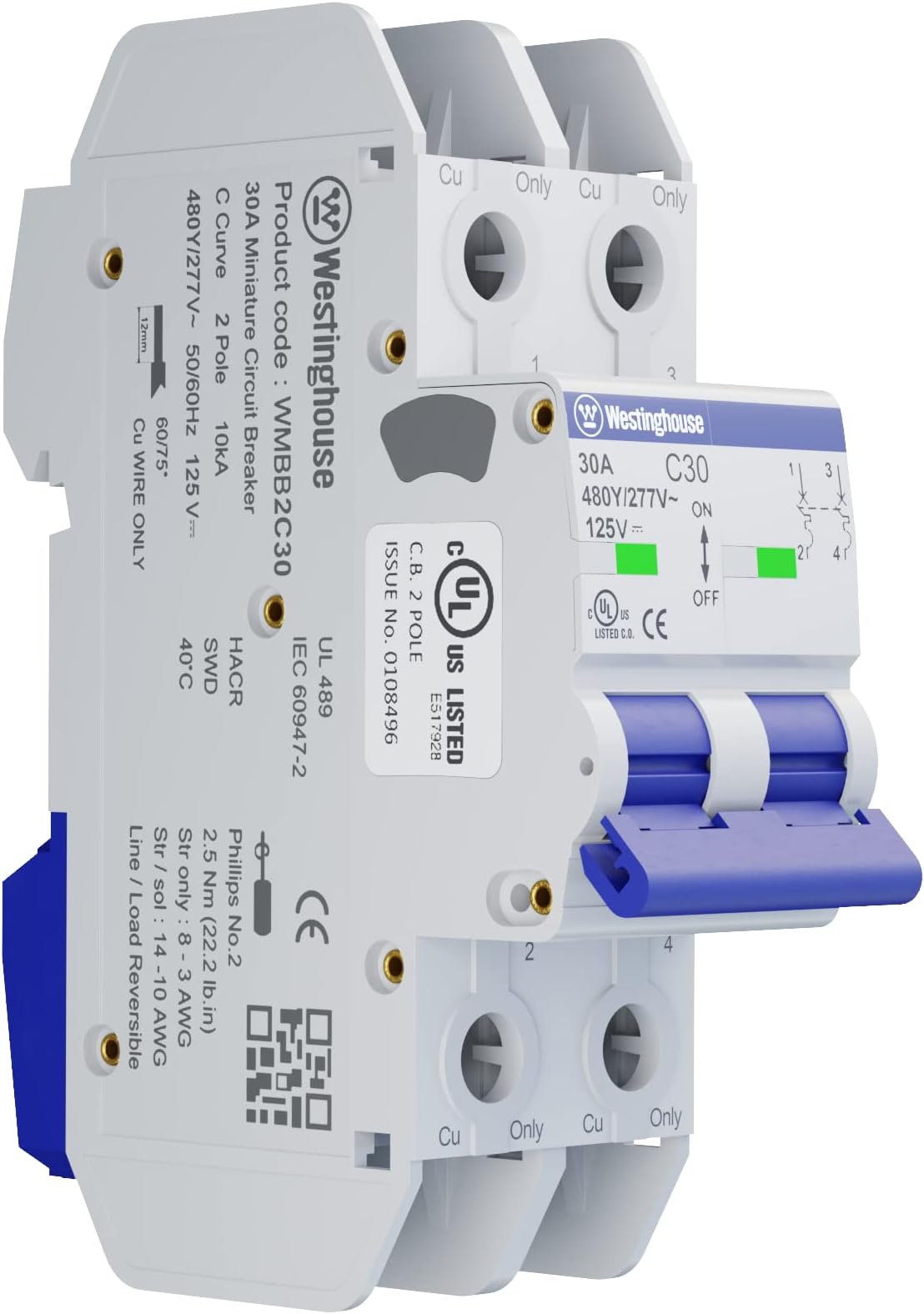 Westinghouse UL 489 AC Miniature Circuit Breaker, 30 Amp, 2 Pole, C Curve, 10kA, 480Y/277V AC, 125V DC, Non-Polarized, UL Listed, DIN Rail Breaker with Thermal Magnetic Trip