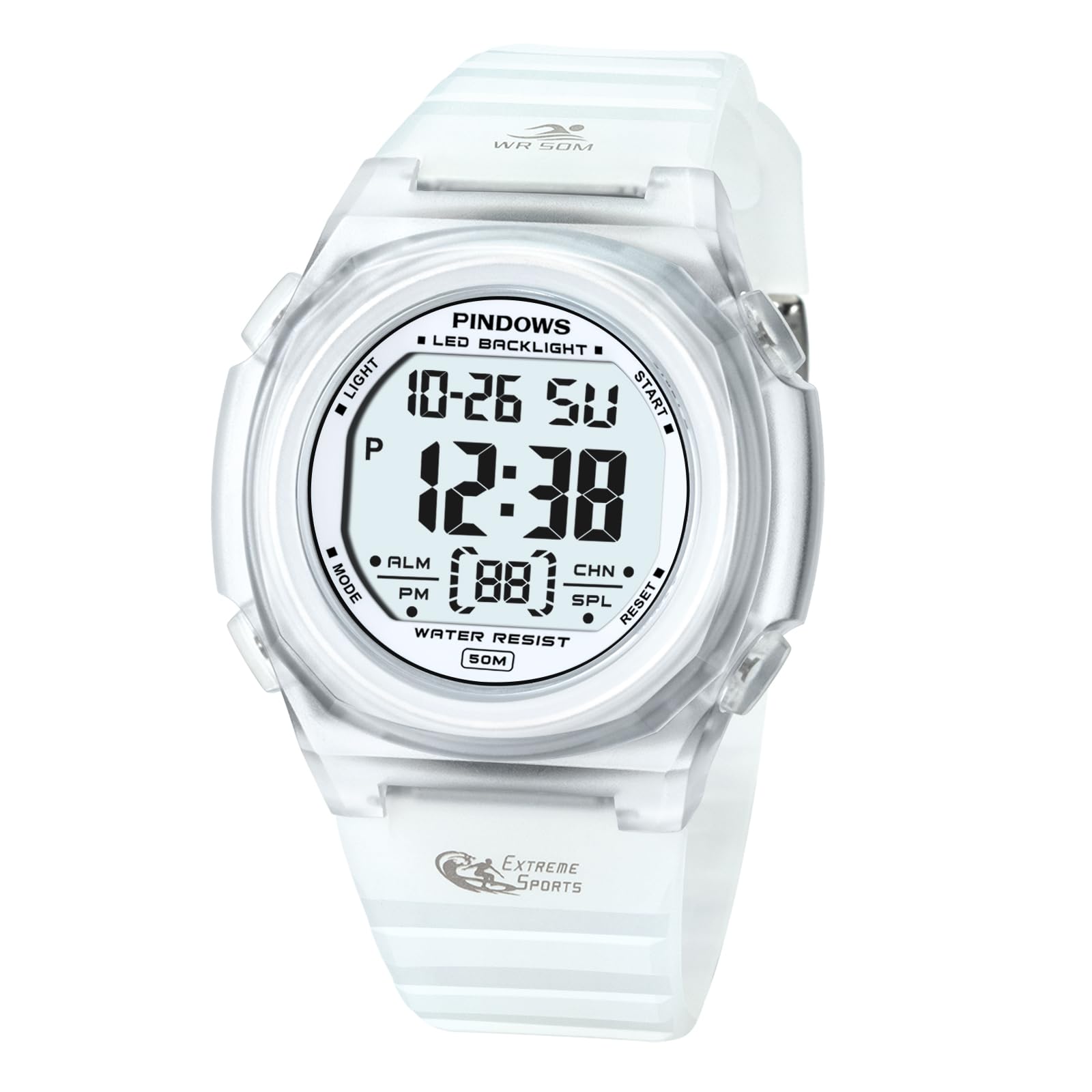 PINDOWS 女性用腕時計、デジタルスポーツウォッチ、50m防水、LEDバックライトリストウォッチ(アラーム、ストップウォッチ、カレンダー付き)、屋内外で毎日使える