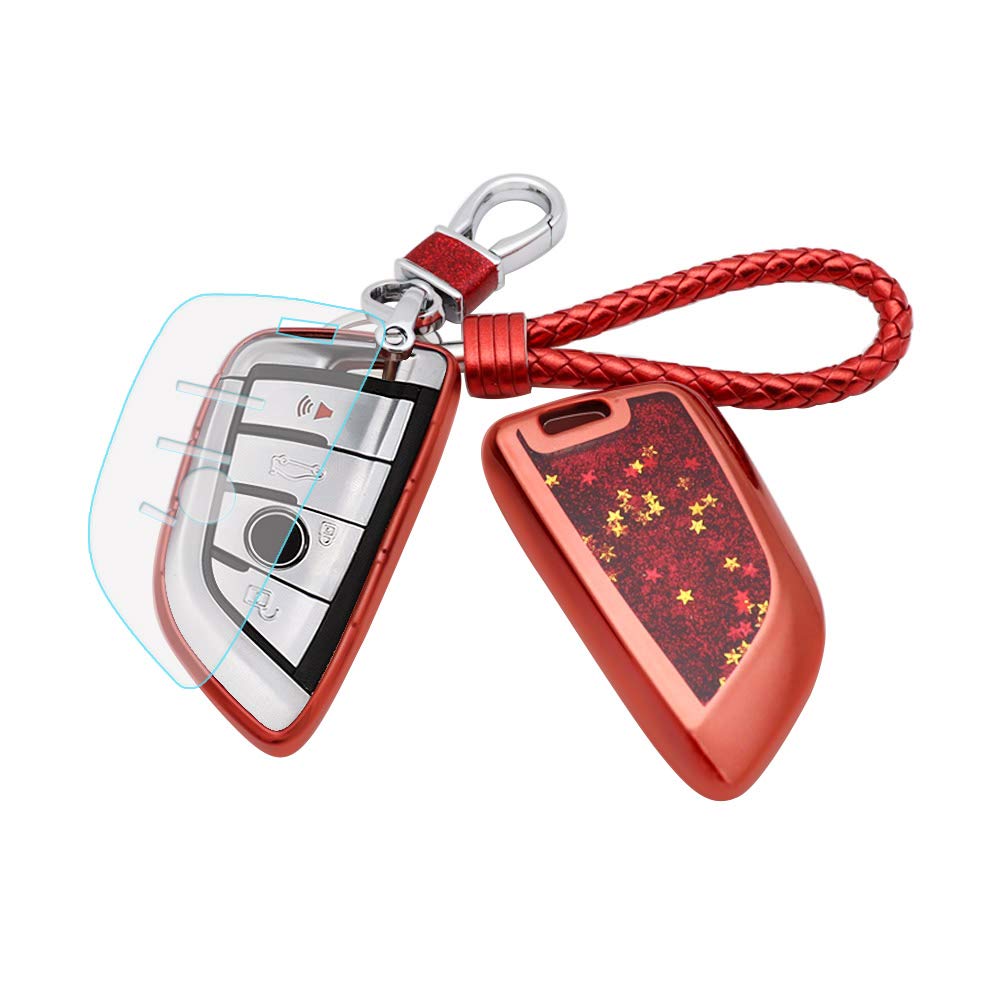 Senauto Car Key Fob Cover fit for BMW,Full-Body Protection Glittery Quicksand Key Case with Key Chain Keychain Keyring Compatible with BMW 2 5 7 Series X1 X5 X6 (Red)