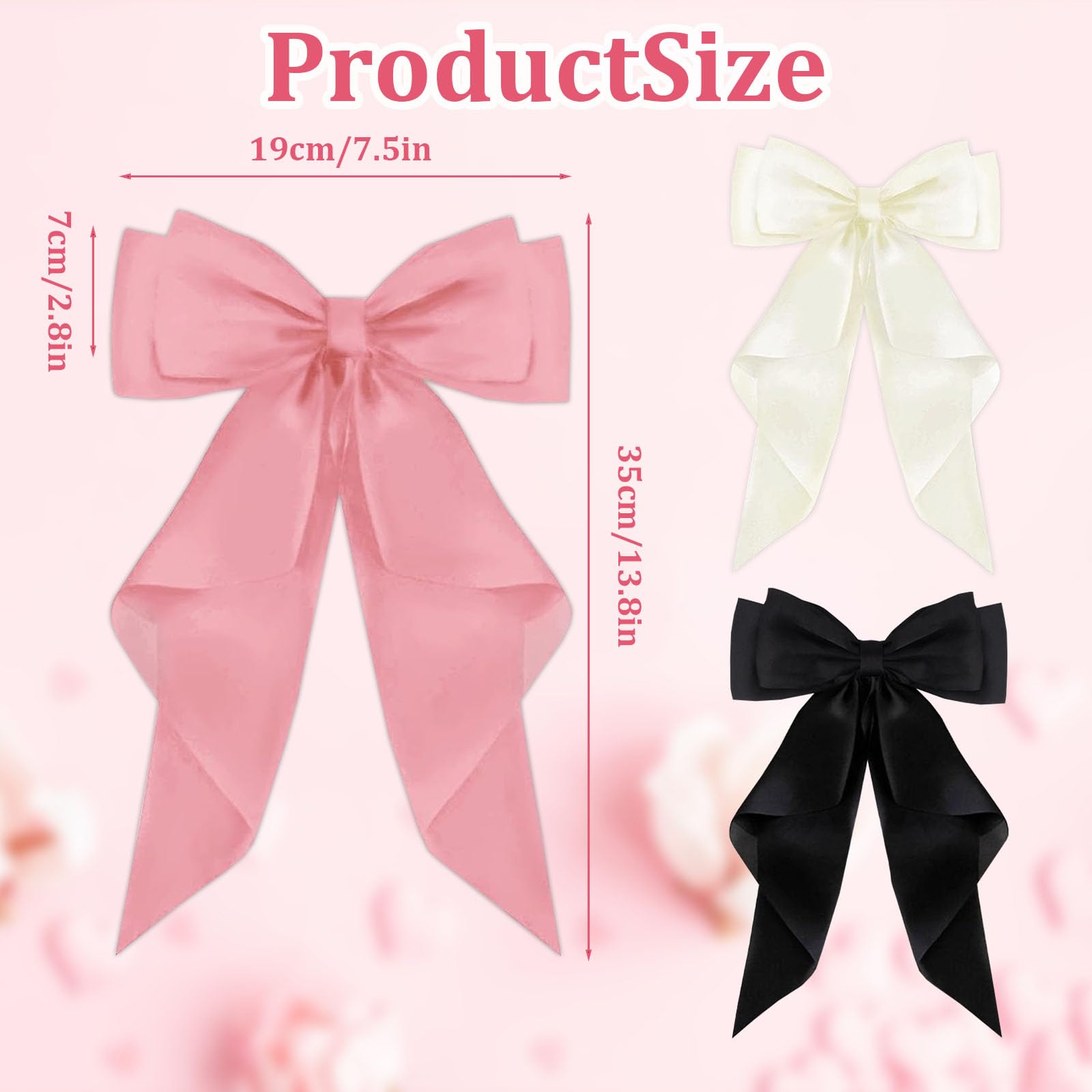 FEXPDL Pack of 3 Hair Bows - Large Satin Bowknot Clips in Black, Pink, and White for Women and Girls, Pink+White, 2 count (Pack of 1) - Image 2
