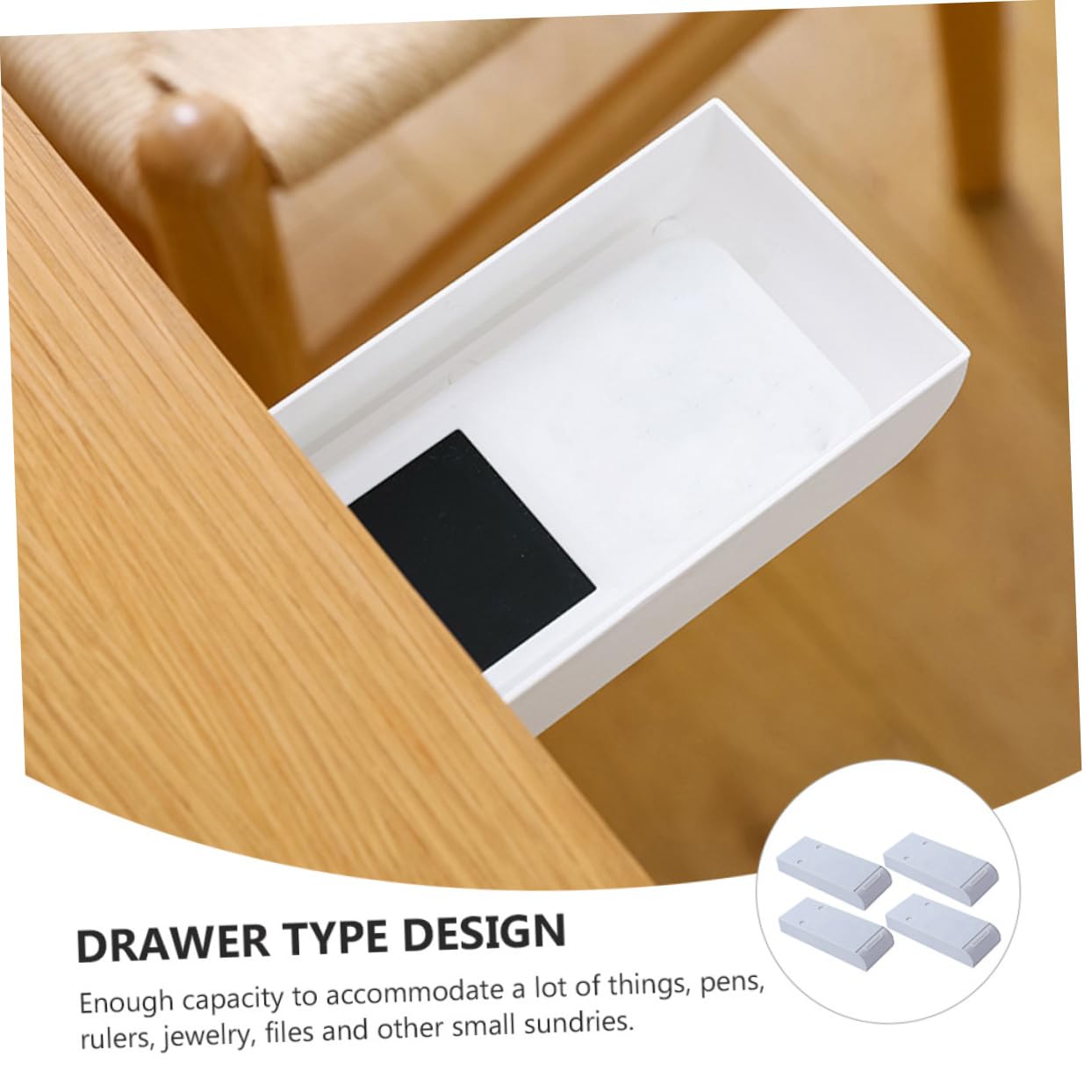Caja de Almacenamiento Adhesiva Tipo Cajón bajo Escritorio, 4 Piezas, Abs, sin Taladro, para Papelería y Oficina