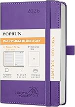 POPRUN 2026 Daily Pocket Diary 16 x 10.5 cm - Soft Cover PU Leather, 1 Page per Day A6 Small Planner, Jan 2026 to Dec 2026, Bookmark 2 Ribbons, 70gsm Paper, Purple