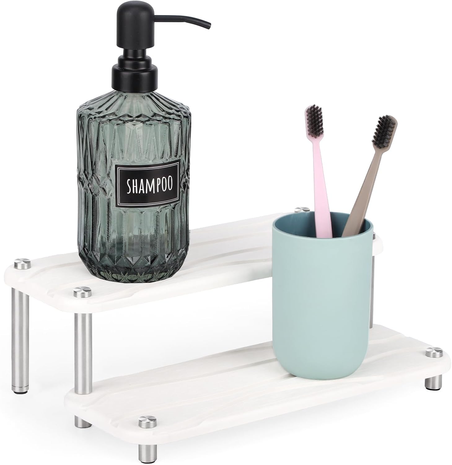 Segbeauty 2 Tier Fast Dry Diatomaceous Vanity Tray, 11x4.3in Water Absorbing Stone Drying Tray, Quick Drying Bathroom Counter Dish Soap Dispenser Rack, Kitchen Counter Sink Organizer Sponge Holder