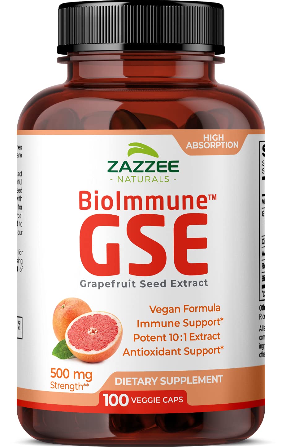 Zazzee BioImmune™ Grapefruit Seed Extract GSE 500 mg 100 Vegan Capsules, High Absorption, Potent Immune Support Blend, 10:1 Extract, Non-GMO and All-Natural