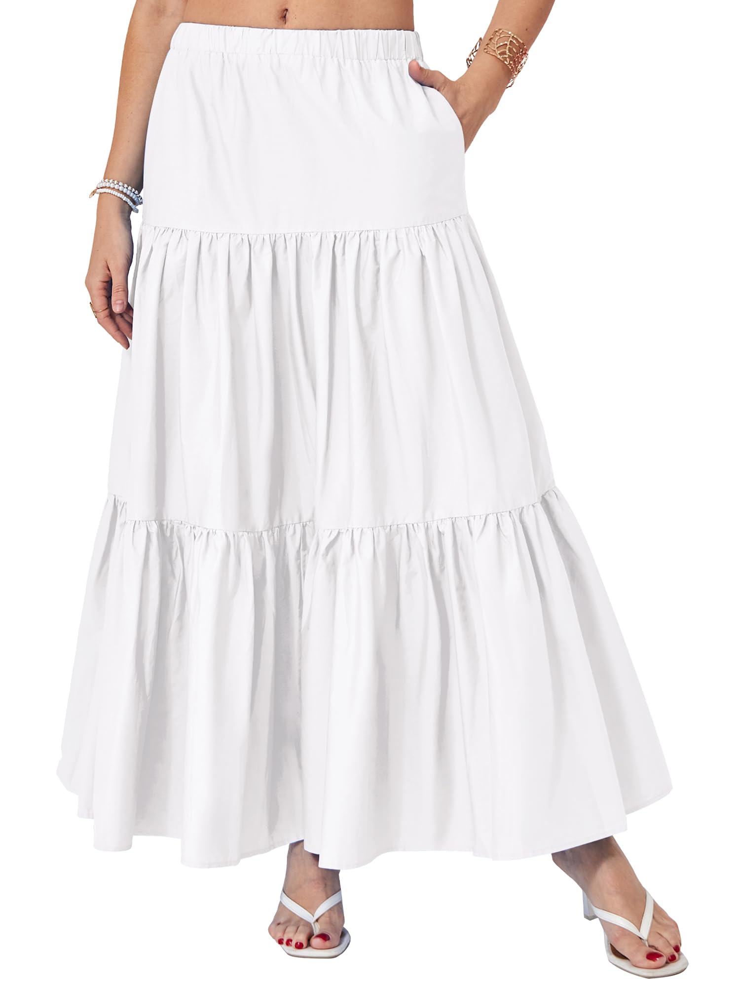 Yulaviniee Womens Boho Maxi Skirt with Pockets High Waisted Layered Tiered Casual A-Line Long Flowy Skirts