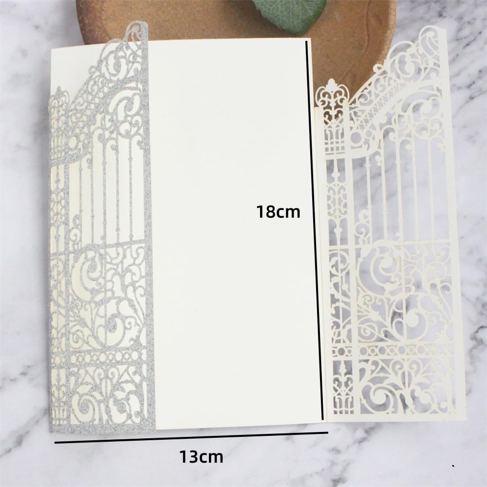 MillaSaw Glittery Silver Wedding Invitations Gate Laser Cut Invitation Sleeve For Bridal Shower Engagement Mermaid 25 Sets (silver, 4.9"x7.1") image 3