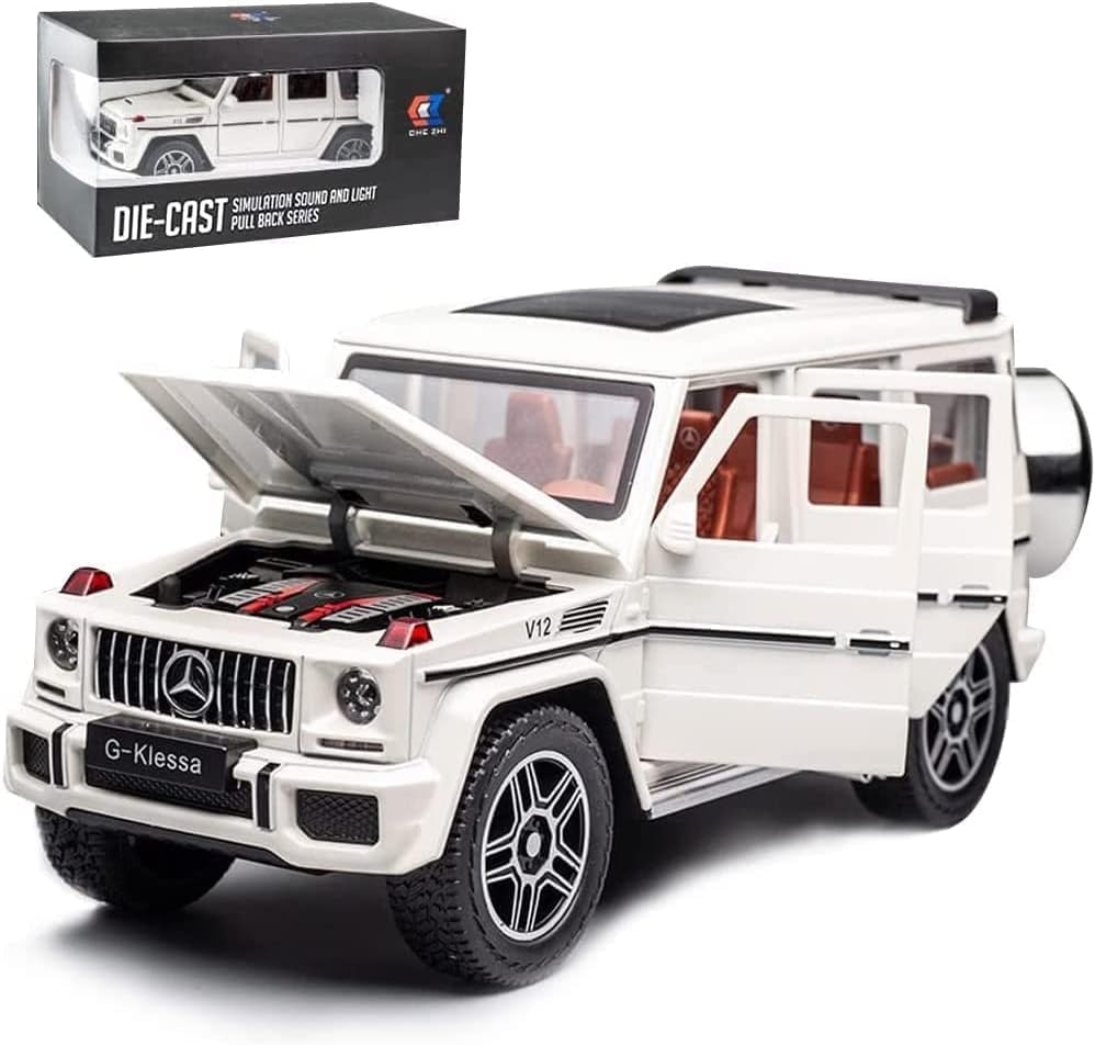 Exquisite car Model 1/24 Benz G63 AMG Model Car, Zinc Alloy Pull Back Toy car with Sound and Light for Kids Boy Girl Gift (White)