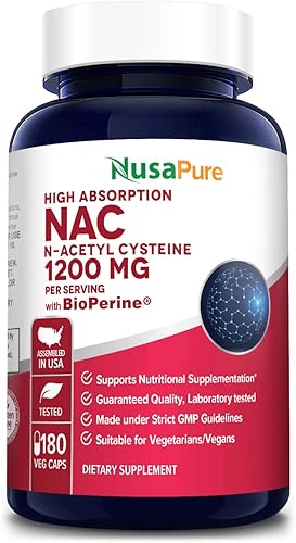 NusaPure N-acetil cisteína (NAC) 1200 mg 180 cápsulas vegetales (vegetariano, sin OMG, sin gluten) Bioperine