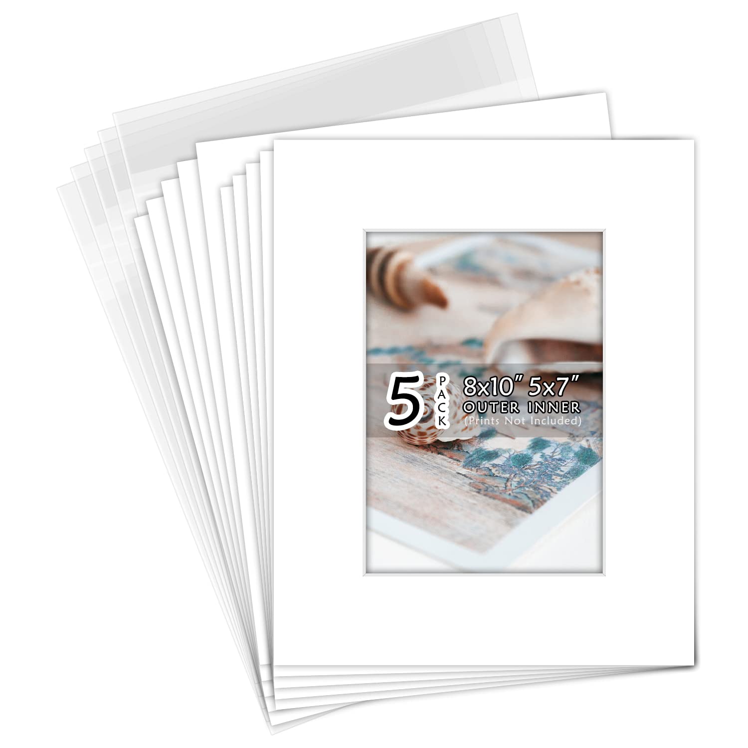 Golden State Art, Acid Free, Pack of 5, 8x10 White Picture Mats Mattes with White Core Bevel Cut for 5x7 Photo + Backing + Bags