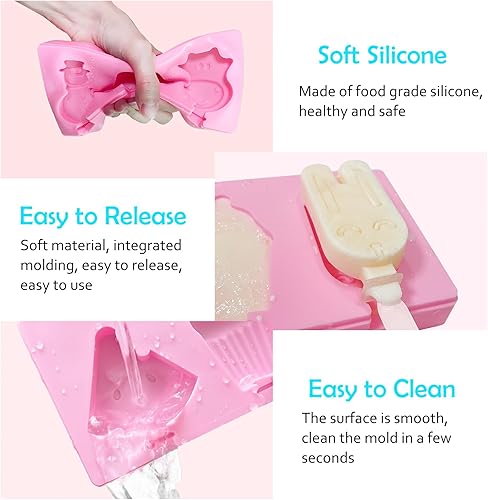 Miniatura 5 de Paquete de 3 moldes para paletas, moldes de silicona para paletas para niños, moldes para paletas de hielo con tapas, 12 palos reutilizables para