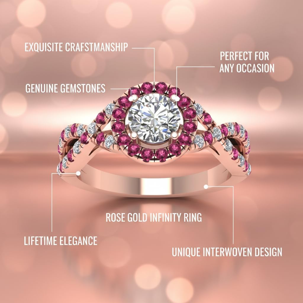 Choose Your Gemstone Entwined Halo Diamond CZ Ring Rose Gold Plated Round Shape Halo Engagement Rings Minimal Modern Design Birthday Gift Wedding Gift US Size 4 to 12