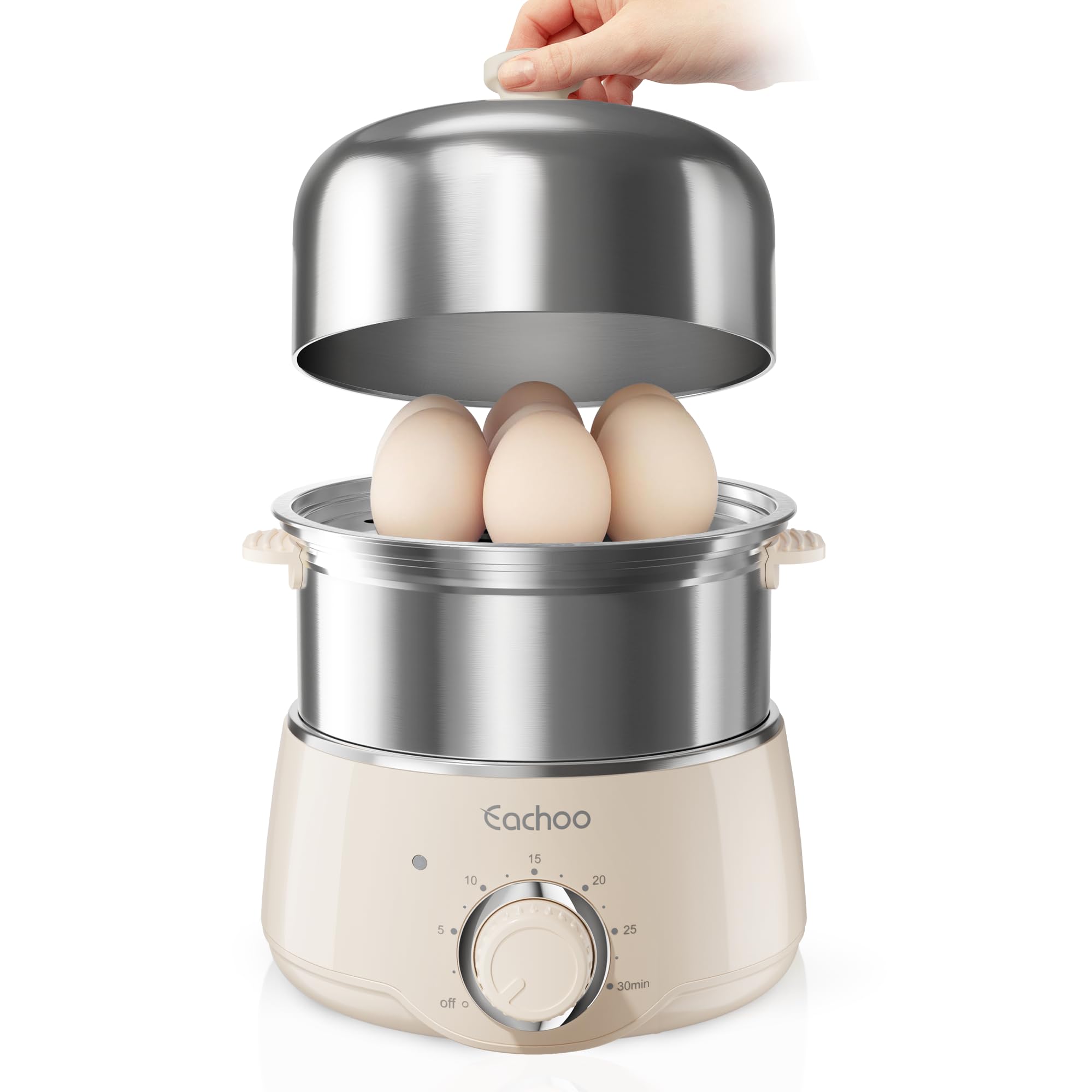 Hard Boiled Egg Cooker - CACHOO 14-Egg Rapid Stainless Steel Egg Boiler with 30-Min Timer & Auto Shut Off, Compact Electric Vegetable Steamer for Cooking, Dishwasher Safe, Beige: Beige 2-Tier