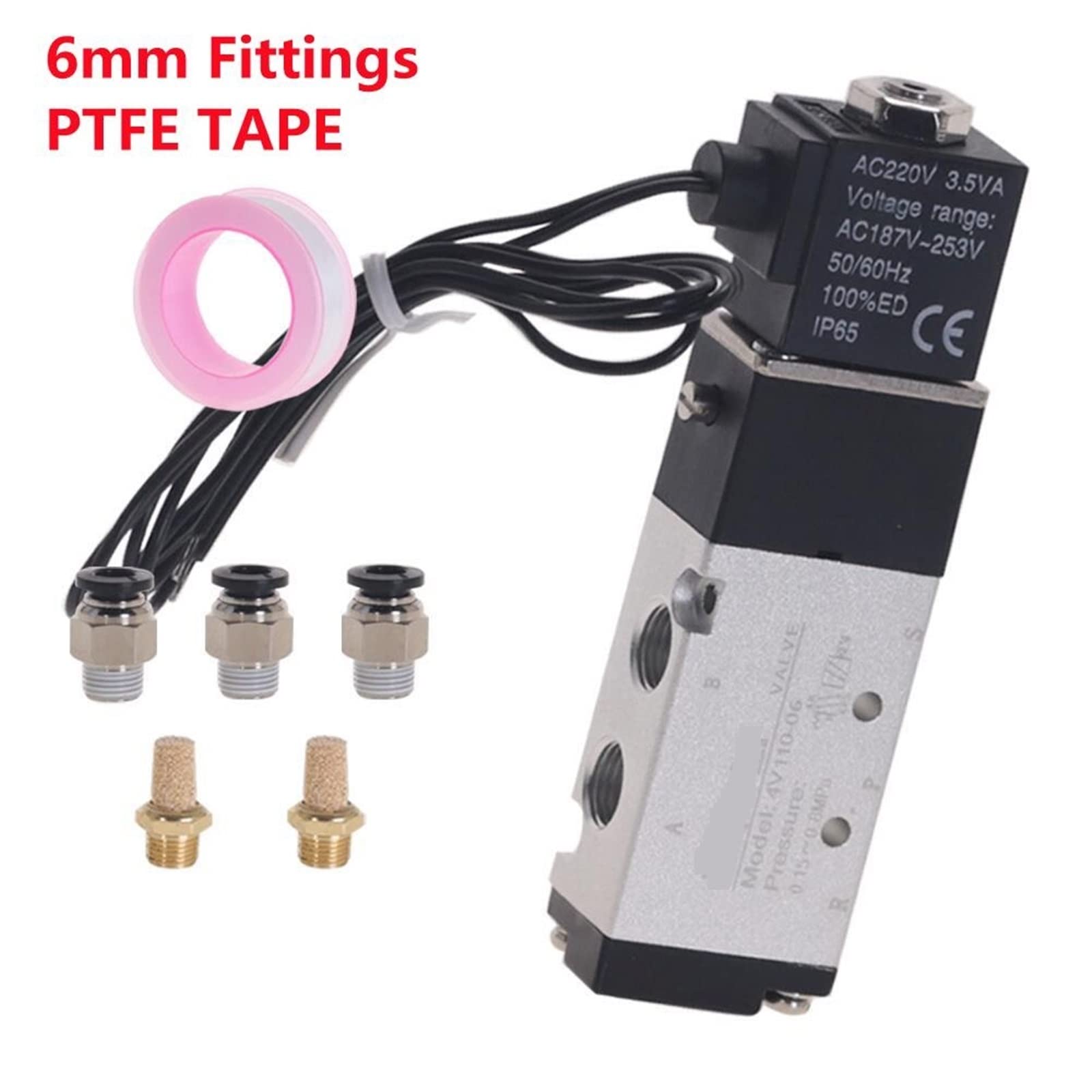 Zawór pneumatyczny Solenoid 4V110-06 5-drożny port 2-pozycyjny sprężarka powietrza 12 V, 24 V, 110 V, 220 V, 1 szt. (gwint 6 mm, AC220V)