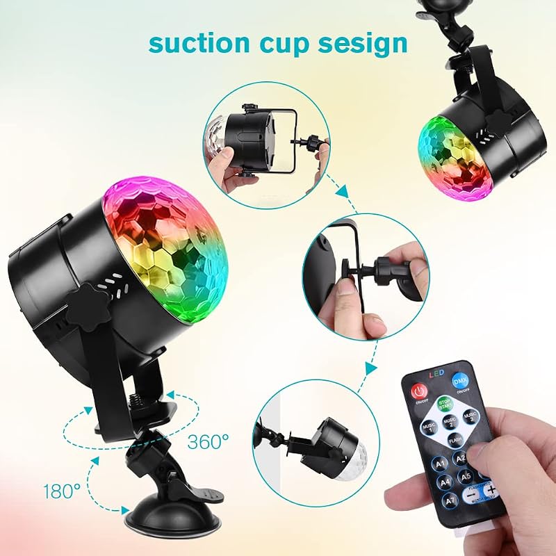 URAQT LED Diszkógömb - 360° Forgó Partyfény Távirányítóval, 7 RGB Színmóddal, Zenére Változó Fényekkel, USB Kábellel Bulikhoz, Gyerekzsúrhoz