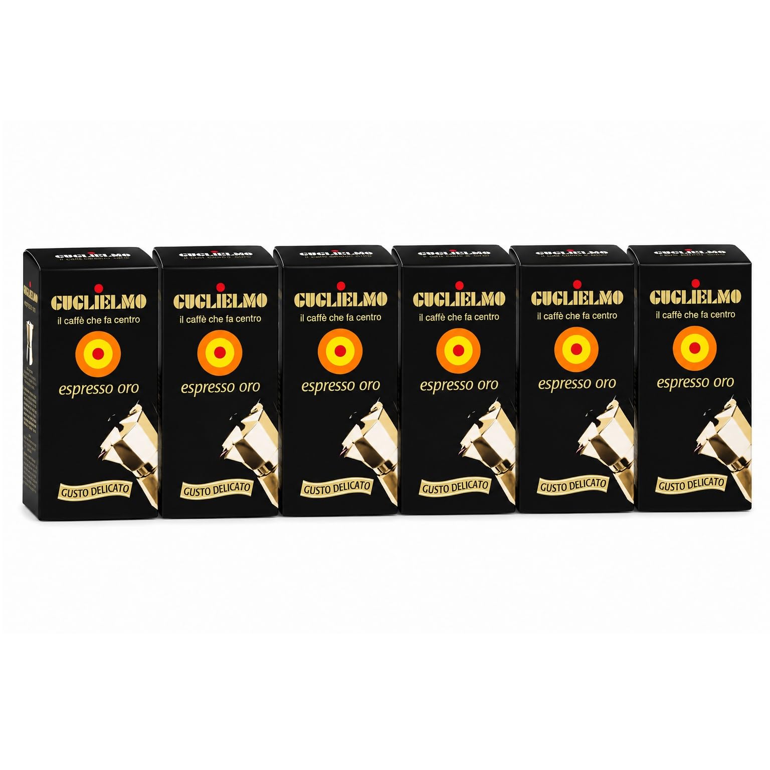 Caffè Guglielmo Espresso Oro Macinato – Box Giù in Calabria – Miscela con Maggiore Percentuale di Arabica, Gusto Delicato e Leggero, Caffè per Moka Torrefatto in Italia (6 PEZZI)