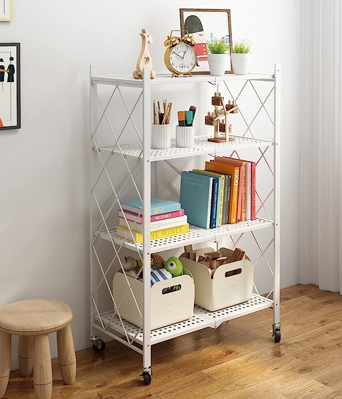 Image of Foldable Movable Storage Rack /Organiser, Book Shelf for Living Room, Office, Library (White, 4 Layer)