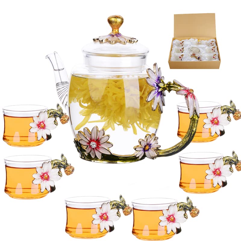 Fancy 6-Piece Glass Tea Set - Adults' Teapot, Kettle, and Cups - Pretty, 7-Piece Set