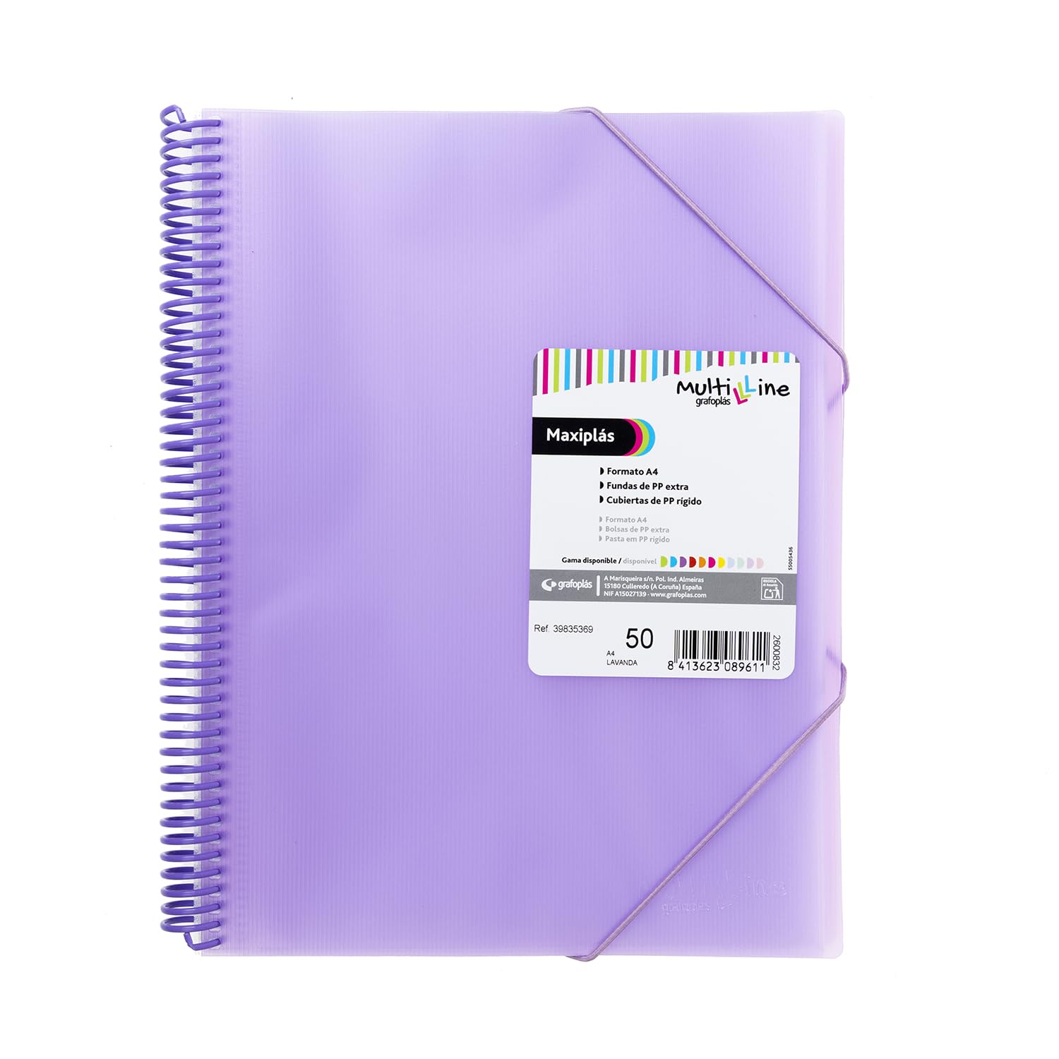 Grafoplás | Folder Sleeves Plastic A4 | Lavender | 50 Extra Polypropylene Transparent Sleeves | PVC Spiral | Maxi Multiline | Perfect for Filing Documents and Notes