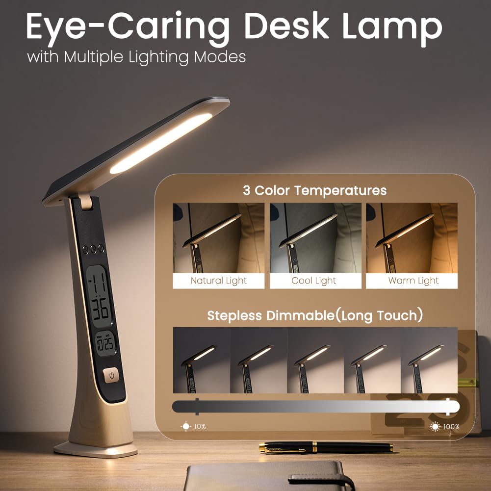 Lámparas recargables inalámbricas, lámpara de escritorio portátil plegable, luces a pilas con brillo continuo y visualización de tiempo para oficina en casa, luces de libros, accesorios de 2
