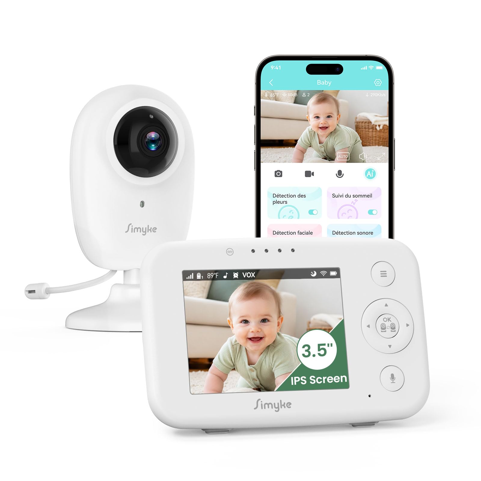 Simyke Babyphone Caméra Bébé Écran 3,5" & Caméra 1080P HD, Connexion WiFi Smartphone & Liaison Hors WiFi, Vision Nocturne, Zoom, VOX 20h Autonomie, Détection Intelligente, Stockage Local & Cloud