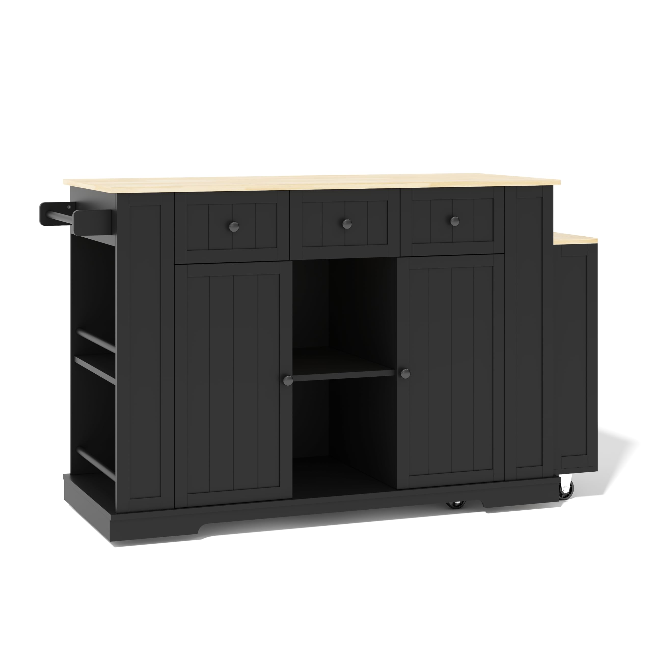 Isola cucina mobile con tavolo da pranzo allungabile, tavolo bar a scomparsa, 7 ruote, ripiani regolabili, 138 (213) x 55 x 93 cm, nero+naturale