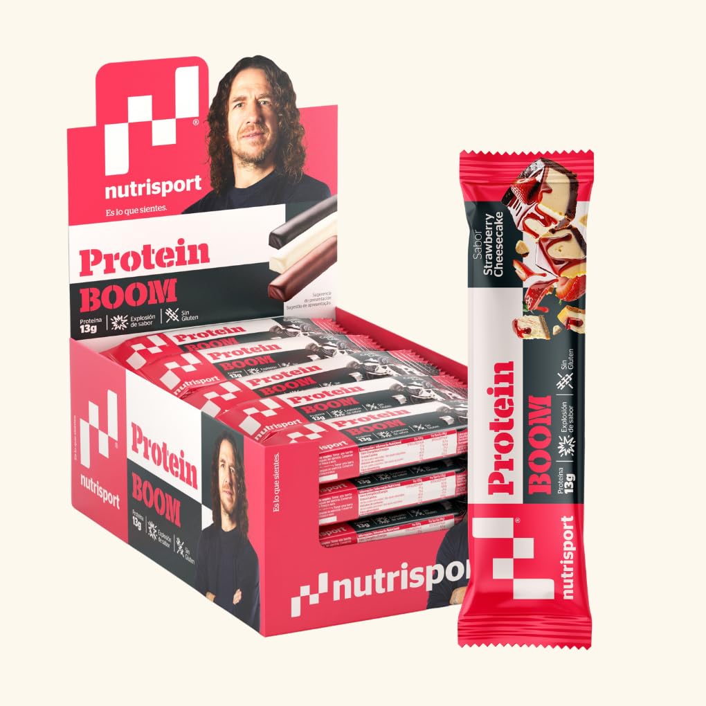 NUTRISPORT – Barritas Proteína Protein BOOM | Proteínas para masa muscular con Vitamina C | Energy Protein Bar (24 unidades, Strawberry Cheescake)