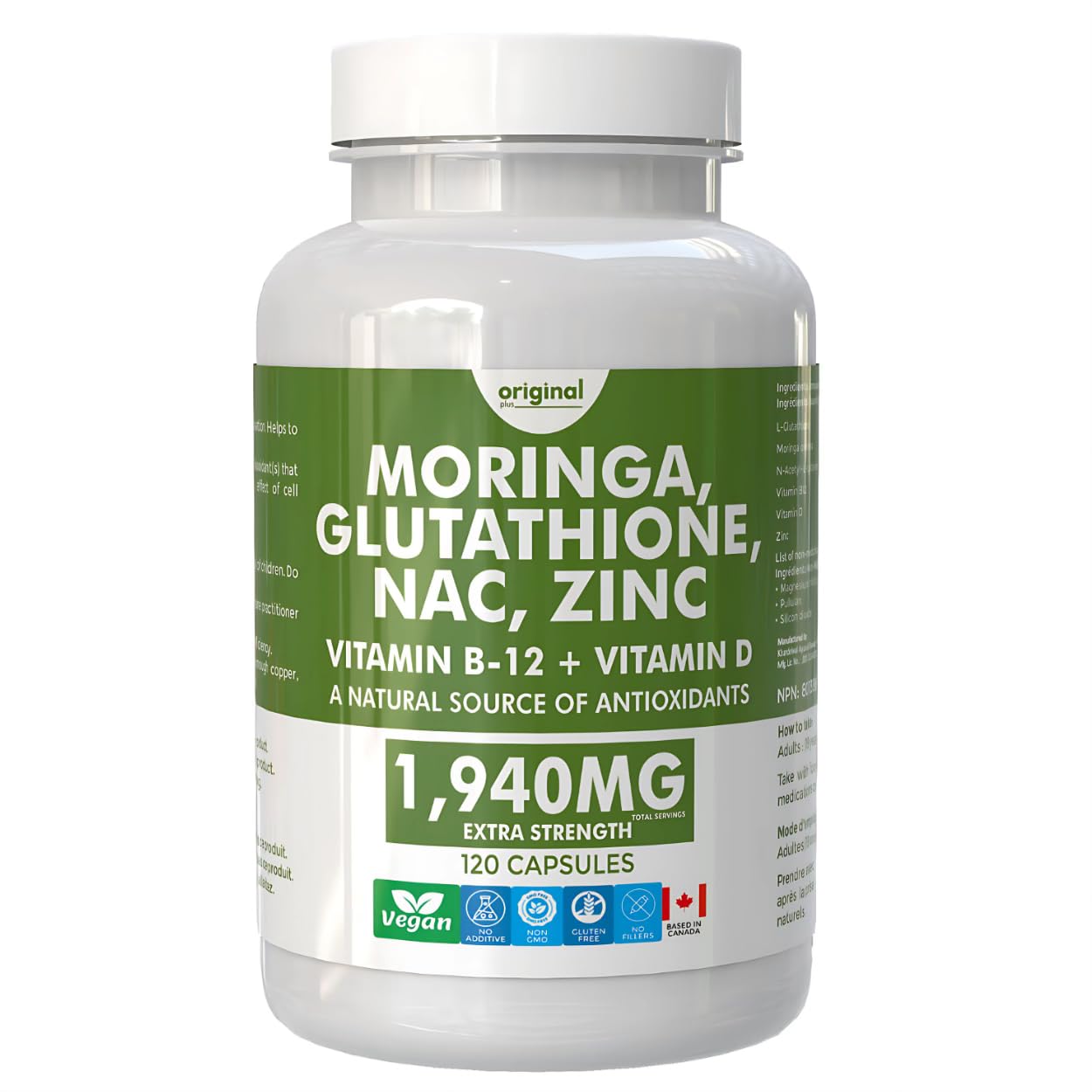 6-in-1 Pure Moringa with NAC, Glutathione, Zinc, Vitamin B-12, and Vitamin D | 1940mg Daily Supplement Dose | 120 Capsules 60 Day Supply | Original Plus