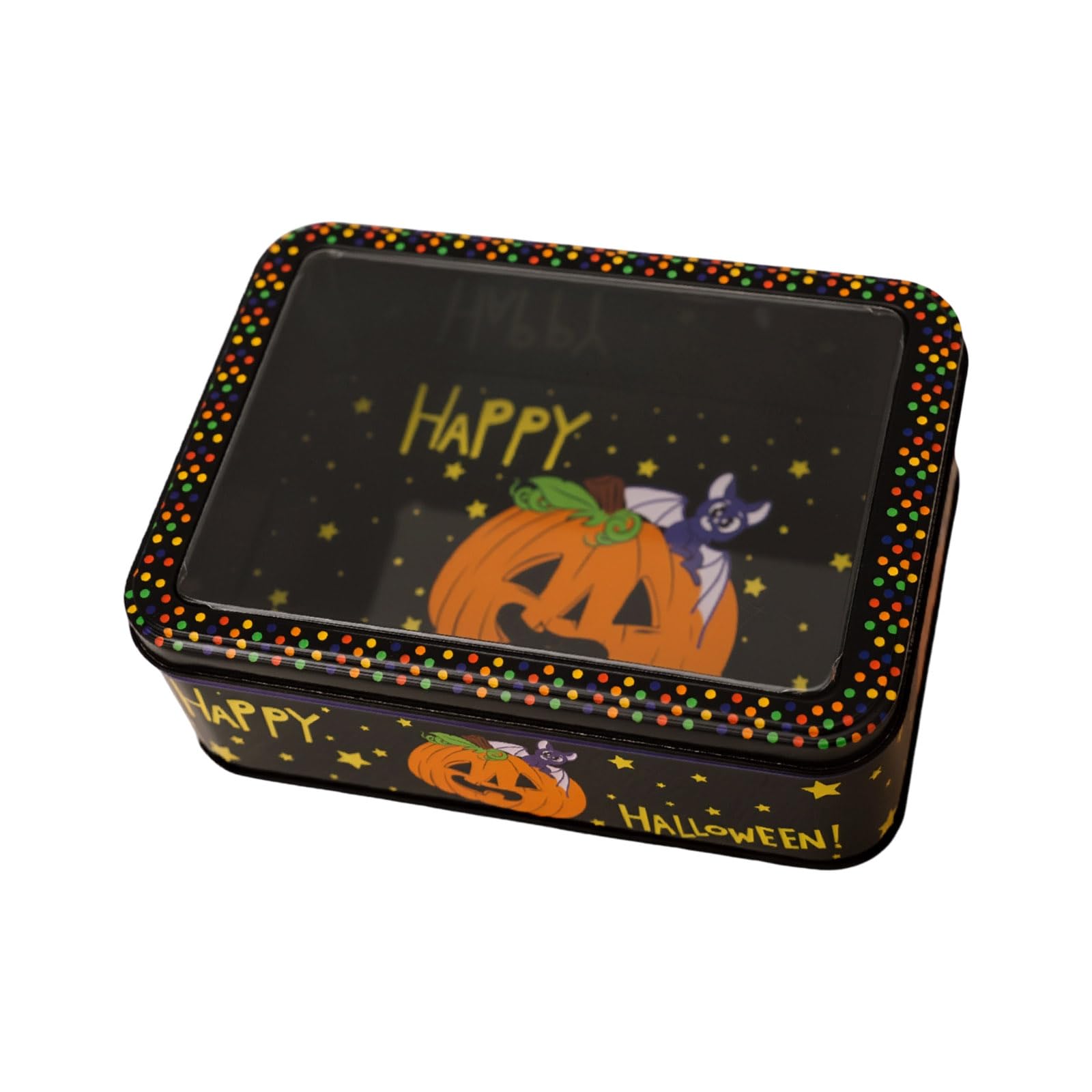 Kaeltsyn Halloween Clear Lid Tin Box for Candy Storage and Party Decorations Sturdy Metal Container with Clear Top Lid Metal Storage Box