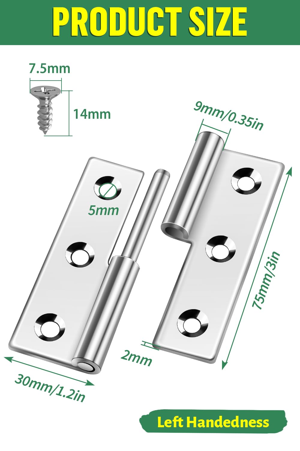 Bolatus Hinges Pack of 2, 3 Inch Small Stainless Steel 304 Door Hinges, Removable for Left-Handed Users, Siliver, 3 Inch Left Handed - Image 2