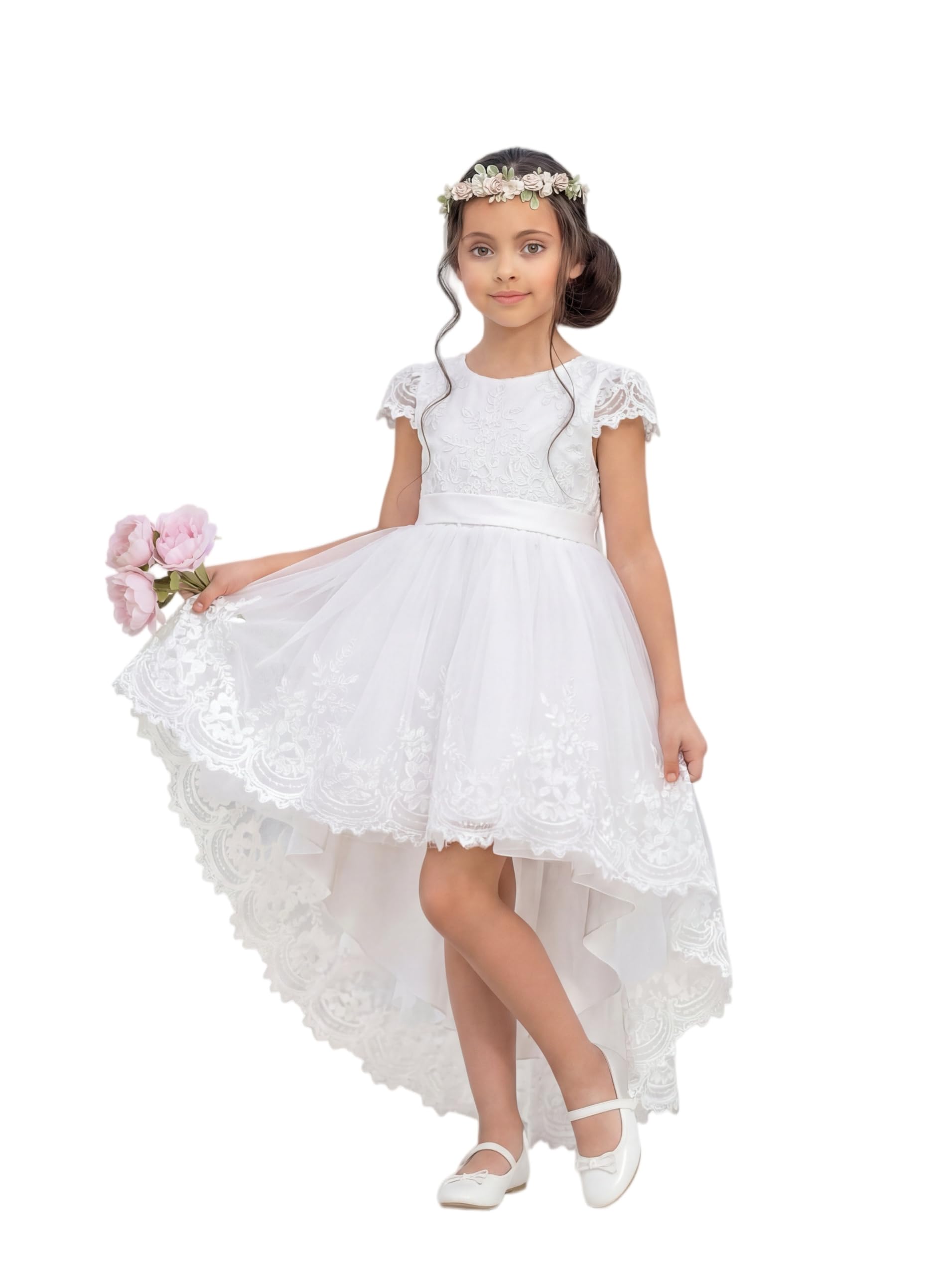 LalaMira Flower Girl Dress High-Low Satin Toddler Dresses A Line Birthday Dress for Wedding Graduation Father Daughter Dance White-3T