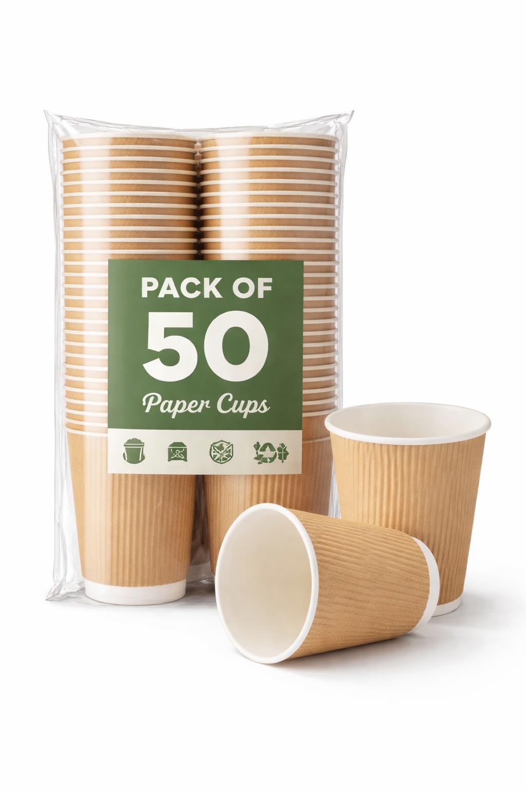 E Greenwize Ripple Wall Paper Cup, Kraft, 12oz 350ml, Disposable Hot Beverage Cups with Insulated Design (Pack of 50)