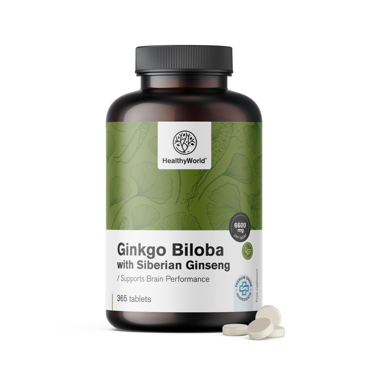 HealthyWorld® Ginkgo Biloba con Ginseng siberiano 6600 mg - Dose elevata, qualità premium - Per funzioni cognitive - 365 compresse per 1 anno di scorta - Estratto di ginkgo 50:1 (120mg) e 10:1 (60mg)