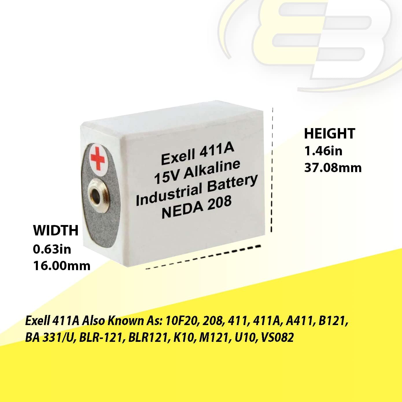 Exell 411A Alkaline 15V Battery Replaces NEDA 208, 10F20, BLR121, 411A ANSI 208 BA 331/U Burgess K10 Burgess U10 Eveready 10F20 Eveready B121 Eveready BLR121 Mallory M121 NEDA 208 RCA VS082