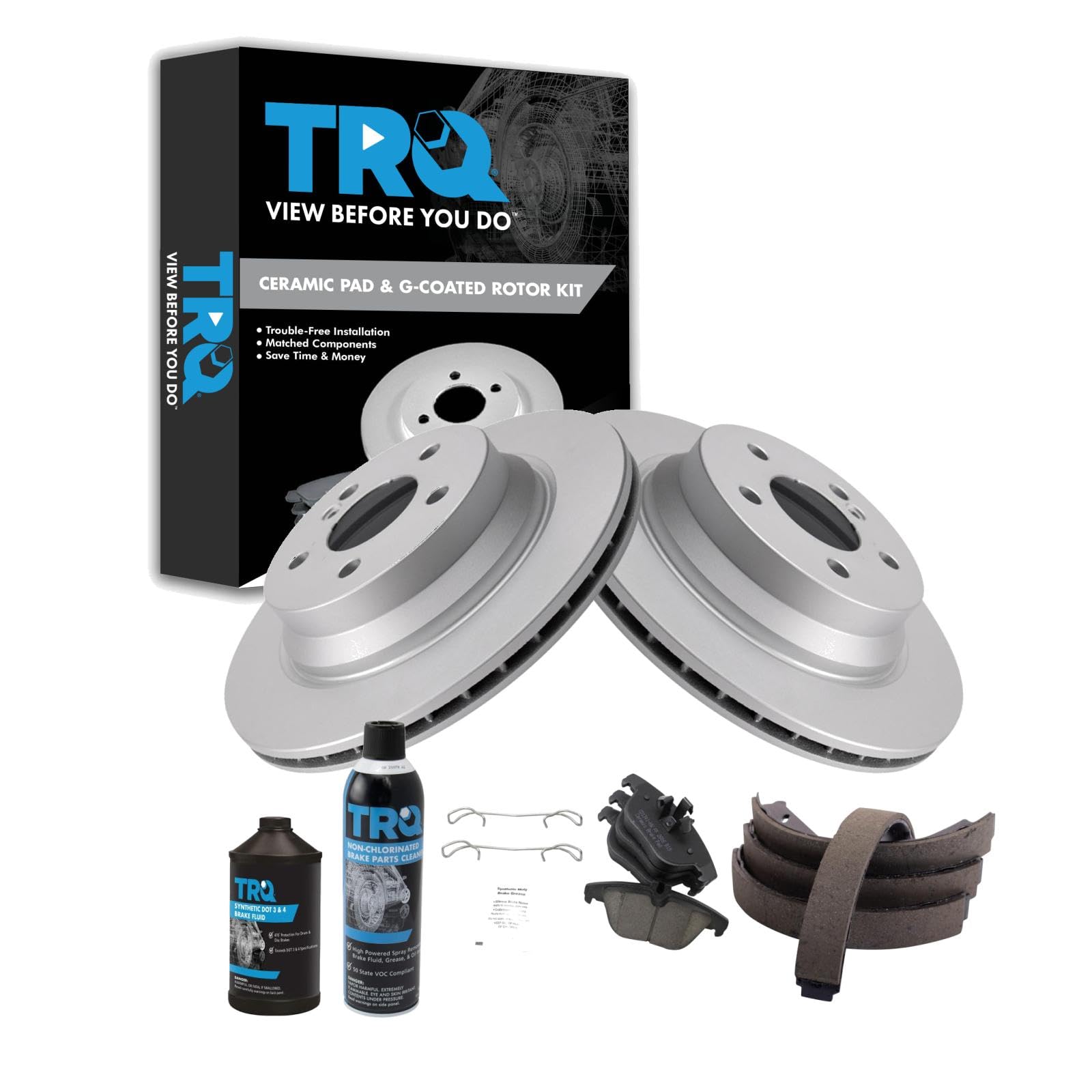 TRQ Rear Brake Pad &amp; Rotor Kit with Chemical Kit Parking Brake Shoe Set